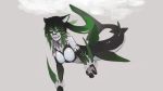  1girl animal_ears bare_shoulders black_gloves black_hair black_sclera breasts cat_ears commentary elbow_gloves english_commentary fins fusion glasses gloves gradient_hair green_eyes green_hair grey_background grey_skin grin hair_ornament hairclip highres large_breasts long_hair looking_at_viewer mermaid mershark_(monster_girl_encyclopedia) monster_girl monster_girl_encyclopedia multicolored_hair original outstretched_arm paintrfiend rectangular_eyewear shark_girl sharp_teeth simple_background smile solo teeth tharkis twintails 