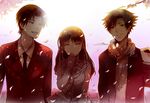  2boys ahoge aya_tori brown_hair cherry_blossoms fate/zero fate_(series) formal long_hair matou_kariya multiple_boys necktie petals school_uniform serafuku suit toosaka_aoi toosaka_tokiomi younger 