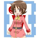  blush_stickers breasts brown_eyes brown_hair clenched_hands cowboy_shot dress frau_bow freckles gundam imageboard_colors long_sleeves medium_breasts mobile_suit_gundam nemuro_nao short_hair simple_background solo 