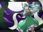  breasts cloud dress ex-keine full_moon green_hair grin horns kamishirasawa_keine large_breasts letterboxed long_hair moon multicolored_hair night red_eyes ribbon scroll sky smile solo souki_lankni star_(sky) starry_sky touhou 