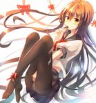  ankle_ribbon between_thighs black_legwear blush bow brown_eyes brown_hair dango eating food long_hair no_shoes original panties panties_under_pantyhose pantyhose ribbon sakura_ani school_uniform skirt solo underwear very_long_hair wagashi 