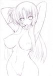  armpits arms_behind_head arms_up breasts condom condom_in_mouth curvy fate_testarossa greyscale groin kannagi_tsukasa large_breasts long_hair looking_at_viewer lyrical_nanoha mahou_shoujo_lyrical_nanoha_strikers monochrome mouth_hold navel nipples nude pussy sketch smile solo white_background wide_hips 