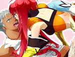  1boy 1girl bare_shoulders breasts grey_eyes grey_hair long_hair loni_dunamis midriff nanaly_fletch red_eyes red_hair short_hair tales_of_(series) tales_of_destiny_2 twintails 