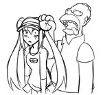  1girl bald crossover double_bun drooling greyscale hair_grab homer_simpson long_hair matsu-sensei mei_(pokemon) monochrome pokemon pokemon_(game) pokemon_bw2 raglan_sleeves shocked_eyes the_simpsons twintails visor_cap 