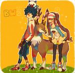  1girl animal animal_on_head black_hair black_legwear blue_eyes brown_hair copyright_name double_bun fingerless_gloves gen_5_pokemon gloves hand_in_pocket heart hue_(pokemon) jacket leggings legwear_under_shorts long_hair mei_(pokemon) nabeko no_socks on_head open_mouth orange_background oshawott pantyhose pokemon pokemon_(creature) pokemon_(game) pokemon_bw2 pokemon_on_head raglan_sleeves sawsbuck shirt shoes short_hair shorts smile sneakers sparkle spoken_heart standing track_jacket twintails visor_cap 