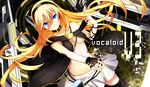  bare_shoulders black_gloves blonde_hair blue_eyes breasts character_name fingerless_gloves gloves headphones lily_(vocaloid) long_hair looking_at_viewer medium_breasts midriff navel ribbon skirt smile solo vocaloid yuuki_kira 