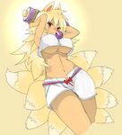  :&gt; animal_ears bad_id bad_pixiv_id blonde_hair breasts cameltoe dark_skin esupu fox_ears fox_tail izuna_(shinrabanshou) large_breasts long_hair midriff multiple_tails navel no_bra red_eyes scroll shinrabanshou shorts solo tail tank_top underboob 