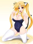  animal_ears bell bell_collar breasts cameltoe cat_ears cat_tail cleavage collar fate_testarossa highleg highleg_swimsuit jingle_bell kannagi_tsukasa kneeling large_breasts long_hair looking_at_viewer lyrical_nanoha magic_circle mahou_shoujo_lyrical_nanoha_strikers navel one-piece_swimsuit open_mouth paw_pose red_eyes solo swimsuit tail thighhighs twintails very_long_hair white_legwear 