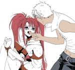  1boy 1girl bare_shoulders belt blush long_hair loni_dunamis midriff nanaly_fletch red_eyes red_hair short_hair tales_of_(series) tales_of_destiny_2 tears tongue twintails white_hair 