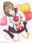  banned_artist brown_eyes brown_hair gift hair_ribbon heart holding holding_gift ilog mana_kakkowarai nakagawa_miru no_shoes official_art ribbon school_uniform sitting skirt smile socks solo wariza watermark web_address 