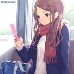 :d ^_^ animated animated_gif bag banned_artist blinking blush brown_eyes brown_hair cellphone cellphone_charm closed_eyes holding ilog mana_kakkowarai nagata_ikue official_art open_mouth phone red_scarf scarf smile solo watermark web_address 