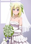 bare_shoulders blonde_hair blue_eyes blush bouquet bridal_veil dress elbow_gloves erica_hartmann flower formal gloves hair_flower hair_ornament jewelry necklace short_hair smile solo strike_witches veil wedding_dress world_witches_series youkan 