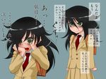  bag bags_under_eyes black_hair blush crying crying_with_eyes_open flat_chest green_eyes hair_between_eyes kemi_(kemi433) kuroki_tomoko long_hair messy_hair necktie school_bag school_uniform skirt solo tears translation_request watashi_ga_motenai_no_wa_dou_kangaetemo_omaera_ga_warui! 