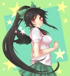  alternate_hairstyle asaho black_hair bow breasts hair_bow long_hair medium_breasts mini_wings ponytail red_eyes reiuji_utsuho skirt solo touhou very_long_hair wings 