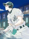  1boy azuma_yuuhei baseball_helmet baseball_uniform belt black_eyes black_hair blue_sky cross_game day error gloves helmet highres looking_afar male_focus outdoors pants scoreboard sky solo sportswear standing tsukishiro_(nkoma) white_gloves white_pants 