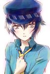  androgynous bad_id bad_pixiv_id blue_eyes blue_hair blush cabbie_hat crossdressing detective hair_between_eyes hat holding_tie machinosuke necktie nervous open_mouth persona persona_4 reverse_trap shirogane_naoto short_hair solo wavy_hair 