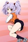  ass bad_id bad_pixiv_id brown_eyes from_behind hoshino_ruri kidou_senkan_nadesico long_hair looking_back lying misashi_(raichi821) on_side panties pantyshot purple_hair solo twintails underwear uniform 