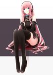  bare_shoulders black_gloves black_legwear blue_eyes boots breasts elbow_gloves gloves headphones long_hair medium_breasts megurine_luka mikoto_akemi pink_hair simple_background sitting smile solo thigh_boots thighhighs very_long_hair vocaloid 