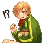  1girl bad_id bad_pixiv_id bag blush brown_eyes brown_hair cotoro56 eating food jacket looking_at_viewer meat open_mouth persona persona_4 satonaka_chie school_uniform short_hair sitting solo surprised sweat track_jacket 