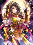  arm_guards armor bad_id bad_pixiv_id black_gloves breasts brown_hair cleavage floral_print gauntlets gloves hair_tubes japanese_armor japanese_clothes komatsu-hime_(sengoku_saga) large_breasts long_hair nardack petals polearm purple_eyes seigaiha sengoku_saga shoulder_armor sode solo spear weapon 