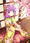  cherry_blossoms flower gradient_eyes hair_ornament hieda_no_akyuu japanese_clothes multicolored multicolored_eyes purple_eyes purple_hair short_hair sitting smile solo touhou wataame27 wide_sleeves yellow_eyes 