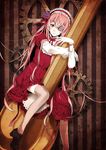  arisaka_ako bad_id bad_pixiv_id cross-laced_footwear dress eyepatch flower gears gloves hair_flower hair_ornament headdress hug lolita_fashion long_hair looking_at_viewer megurine_luka pink_eyes pink_hair pink_legwear red_dress red_eyes ribbon sitting solo striped striped_background thighhighs vocaloid white_gloves zettai_ryouiki 