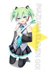  absurdres bad_id bad_pixiv_id bare_shoulders cosplay detached_sleeves fei_rune green_eyes green_hair hatsune_miku hatsune_miku_(cosplay) highres inazuma_eleven_(series) inazuma_eleven_go inazuma_eleven_go_chrono_stone long_hair look-alike male_focus open_mouth otoko_no_ko skirt smile solo twintails vocaloid 