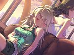  ahoge arm_support awakened_miki bare_shoulders blonde_hair blush brown_hair closed_eyes dual_persona hoshii_miki idolmaster idolmaster_(classic) long_hair maru_(sara_duke) multiple_girls open_mouth sitting sleeping sleeping_upright star 