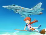  aircraft airplane blue_eyes broom broom_riding brown_hair commentary_request copyright_request denim denim_shorts digital_media_player ef_typhoon fighter_jet inui_(jt1116) jet long_hair military military_vehicle open_mouth ponytail shoes shorts sidesaddle socks white_legwear 