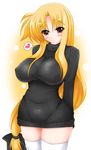  blonde_hair blue_eyes breasts fate_testarossa heart impossible_clothes impossible_sweater kannagi_tsukasa large_breasts long_hair looking_at_viewer low-tied_long_hair lyrical_nanoha mahou_shoujo_lyrical_nanoha_strikers red_eyes smile solo spoken_heart sweater thighhighs very_long_hair white_legwear 