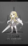  armor bad_id bad_pixiv_id blonde_hair cape character_name chibi claymore claymore_(sword) copyright_name curly_hair faulds flowinger greaves highres holding holding_sword holding_weapon letterboxed long_hair no_nose pauldrons shadow smile solo sword teresa_(claymore) vambraces weapon yellow_eyes 