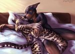  anthro balls bed butt butt_grab canine cat claws couple doberman dog duo eyes_closed feline gay hand_on_butt kissing lying male mammal mickey_the_retriever morning nude ocelot on_side pillow 