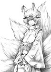  bad_id bad_pixiv_id baten_(gei-vorugu) chen closed_eyes greyscale highres hug hug_from_behind monochrome multiple_girls sketch touhou yakumo_ran 