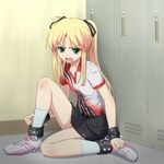  bad_id bad_pixiv_id bdsm blonde_hair bondage bound cuffs eyebrows_visible_through_hair green_eyes hair_ribbon locker open_mouth original ribbon shino_(pixia) shoes skirt sneakers socks solo twintails 