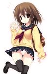  bad_id bad_pixiv_id bag bag_charm brown_eyes brown_hair cardigan cellphone cellphone_charm charm_(object) eating emily_(pure_dream) food loafers original panties phone school_bag school_uniform shoes short_hair striped striped_panties thigh_gap thighhighs underwear wind wind_lift 