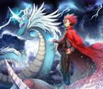  blue_fire boots cape dark_clouds dragonair earrings fire gen_1_pokemon horn horns jewelry lightning male_focus mokolar poke_ball pokemon pokemon_(creature) pokemon_(game) pokemon_rgby rain red_eyes red_hair storm waist_poke_ball wataru_(pokemon) water waves 