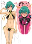  aqua_hair aquarion_(series) aquarion_evol arm_up armpits bent_over bikini blush breast_squeeze breasts closed_eyes confession embarrassed frown fukuyama_naoto hair_ribbon halterneck highres medium_breasts midriff open_mouth pilot_suit purple_eyes ribbon short_hair shouting side-tie_bikini spoken_blush swimsuit thought_bubble translated underboob zessica_wong 