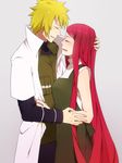  1girl asaa blonde_hair blush closed_eyes couple dress hetero hug husband_and_wife long_hair namikaze_minato naruto naruto_(series) open_mouth red_hair short_hair spiked_hair standing uzumaki_kushina very_long_hair white_background 