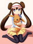  bad_id bad_pixiv_id blue_eyes brown_hair double_bun eevee gen_1_pokemon long_hair mei_(pokemon) no_shoes pantyhose pokemon pokemon_(creature) pokemon_(game) pokemon_bw2 raglan_sleeves shirt sitting skirt smile soraki twintails visor_cap wariza 