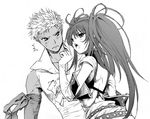  1boy 1girl bare_shoulders belt detached_sleeves long_hair loni_dunamis monochrome nanaly_fletch short_hair tales_of_(series) tales_of_destiny_2 twintails 