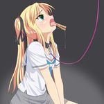  bad_id bad_pixiv_id bdsm blonde_hair clothes_pin collar drooling green_eyes hair_ribbon leash looking_up open_mouth original ribbon saliva school_uniform serafuku shino_(pixia) slave solo tears tongue twintails 