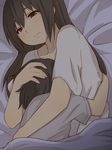  1girl bed black_hair blush commentary_request hug kiiroi_tamago long_hair mother_and_son motherly original 