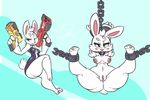  anthro ball_gag bdsm blush bondage bound breasts chain clothing cupcake cupcake_(oriole) female gag gun lagomorph mammal nipples pizzacat rabbit ranged_weapon smile spread_legs spreading weapon wide_hips 