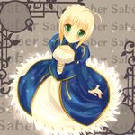 again8120 ahoge artoria_pendragon_(all) bad_id bad_pixiv_id blonde_hair blush dress fate/stay_night fate/zero fate_(series) from_above green_eyes long_sleeves looking_up puffy_sleeves saber solo 