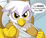  ajin anthro anthrofied avian beak breasts clothing english_text female friendship_is_magic gilda_(mlp) gryphon looking_at_viewer my_little_pony nipples pointing_at_viewer shirt solo text wings yellow_eyes 