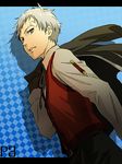  bad_id bad_pixiv_id bandages brown_eyes gloves grey_hair hanato jacket jacket_over_shoulder male_focus persona persona_3 ribbon sanada_akihiko solo vest 