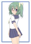  alternate_costume bespectacled blue_eyes blush contemporary daiyousei edamame_(barium) glasses green_hair hair_ribbon neckerchief over-rim_eyewear red-framed_eyewear ribbon school_uniform semi-rimless_eyewear serafuku side_ponytail skirt solo touhou transparent_background 