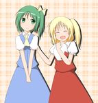  :&lt; :d ^_^ ascot blonde_hair closed_eyes daiyousei dress_shirt edamame_(barium) fang flandre_scarlet green_eyes green_hair hair_ribbon hat hat_on_chest hat_removed headwear_removed multiple_girls no_wings open_mouth ribbon shirt side_ponytail skirt skirt_set smile touhou 
