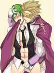  2boys arc_system_works blazblue blonde_hair cape censored gloves green_hair hazama male male_focus mask multiple_boys necktie relius_clover simple_background yaoi yellow_background 