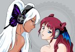  2girls cul female headphones incipient_kiss looking_at_viewer multiple_girls open_mouth tagme vocaloid yamine_aku yuri 
